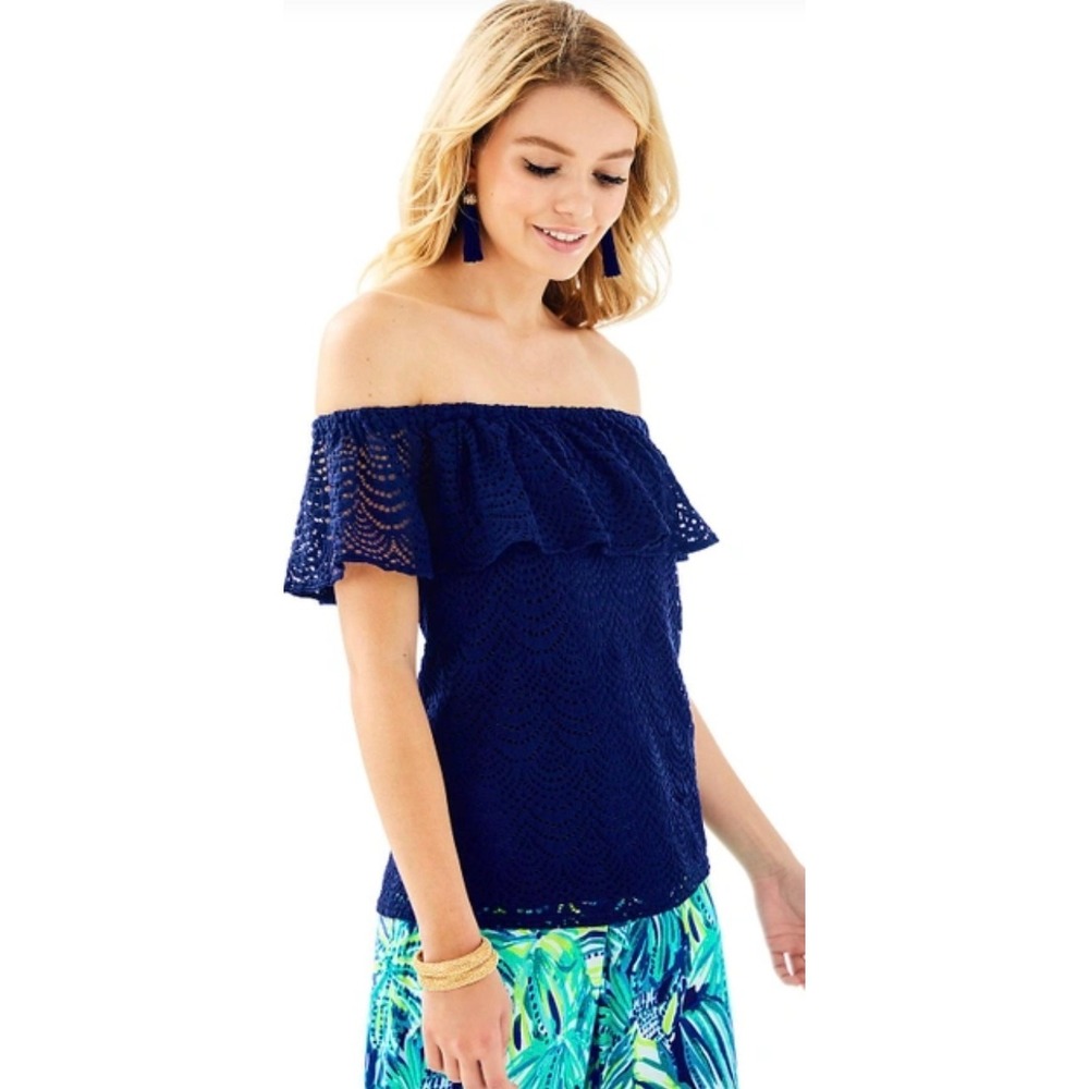 Lilly Pulitzer Lace Off Shoulder Top Ruffle Navy Blue Blouse Size S